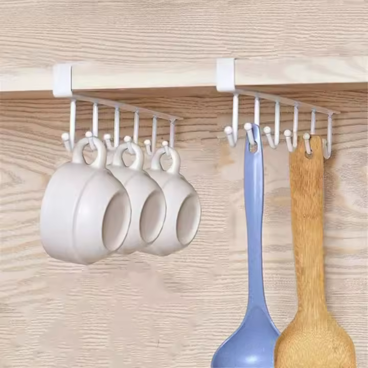 Gancho de sujetador de taza bajo la estante para cocina con soporte para tazas y garnetas sin perforaciones Gancho de colgado para brazaletes y bufandas - 1