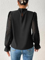 Jersey elegante de Cuello medio alto para mujer, de Color sólido Camisa de gasa, blusa de manga larga con volantes ondulados, Tops sueltos informales para mujer, novedad - details 10