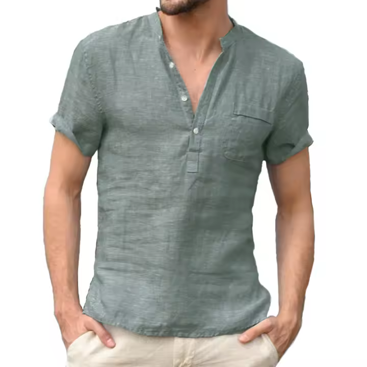 Camisetas informales de lino y algodón para hombre, transpirables camisas de manga corta con cuello en V y botones, S-5XL - 1