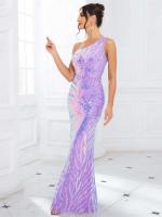 Lentejuelas largas con hombro rosa lavanda, vestido de fiesta de noche sin mangas para mujer - details 4