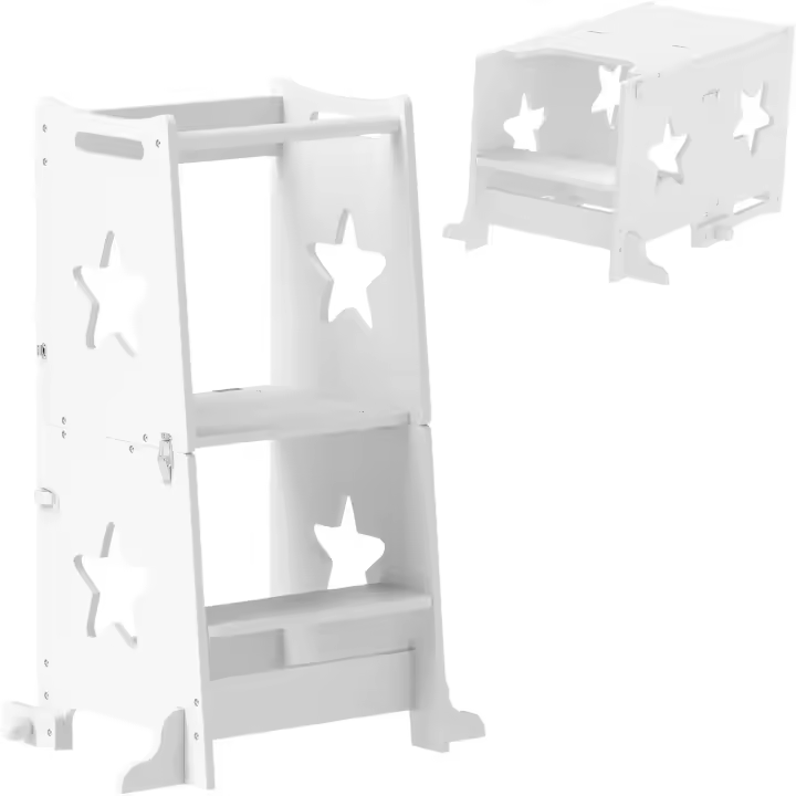 Taburete de Aprendizaje 2 en 1 Versátil para Niños Mayores de 3 Años Convertible en Mesa y Silla con Barra de Seguridad 60x44,5x86 cm Blanco - 1