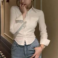 Camisa coreana blanca de oficina de gasa para mujer, blusa con solapa y botones de bolsillo para mujer, Tops cortos de manga larga para ir al trabajo para primavera - details 1