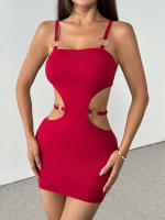 Vestido rojo jujube de mujer falda corta hueca en la cintura - details 2