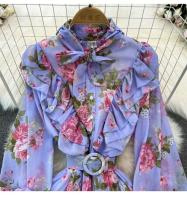Elegante vestido midi de manga larga con corte en A y falda plisada, cintura ceñida, dobladillo de gasa, estampado floral coreano Sle Commute - details 40