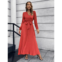 Vestido largo casual con cuello en V Murder de pliegues y encaje para damas 2025 - details 7