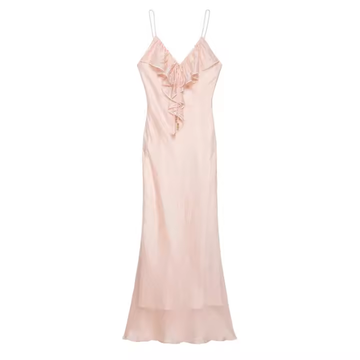 BUNO-vestido Midi plisado con volantes y espalda descubierta para mujer, moda rosa, tirantes finos Vintage con cuello en V, vestidos elegantes para mujer - 1