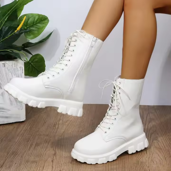 Botas de cuero de imitación de fondo grueso para mujer, Zapatos de tacón grueso Blanco, Otoño e invierno - 1