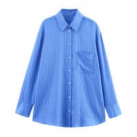 OUWU- Traje De Mujer Nuevo Verano 2025 Diseño De Rayas Azules Y Blancas Camisa Suelta De Manga Larga Conjunto De Pantalones Con Cordón Casual Y Perezoso - details 2