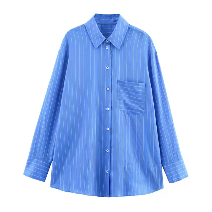 OUWU- Traje De Mujer Nuevo Verano 2025 Diseño De Rayas Azules Y Blancas Camisa Suelta De Manga Larga Conjunto De Pantalones Con Cordón Casual Y Perezoso - 1
