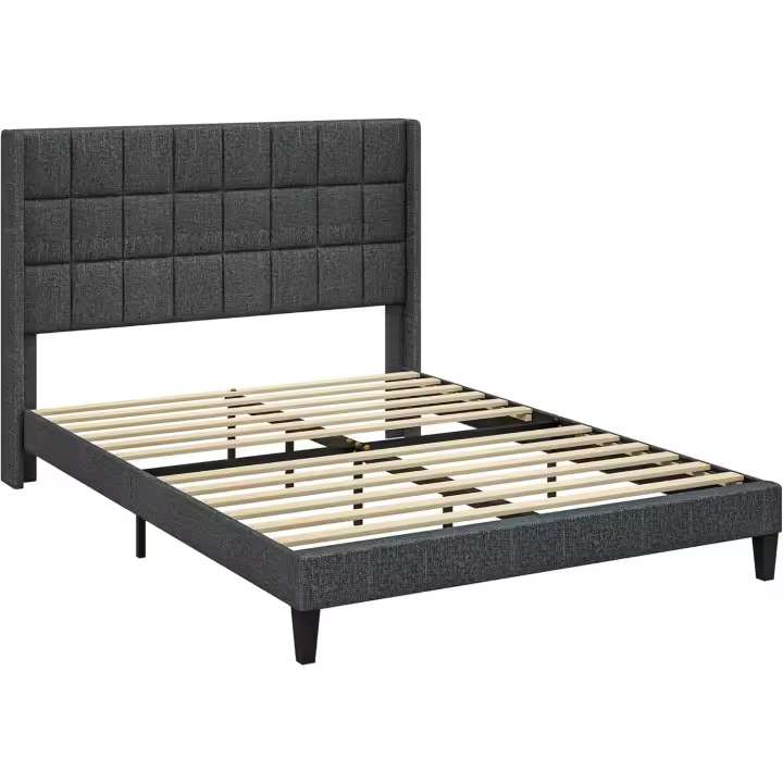 Cama 135x190 cm Estructura de Cama con Cabecera Tapizada de Lino Sintético y Espacio de Almacenamiento Debajo de la Cama Carga 300 kg Gris - 1