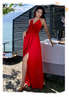 Vestido de vacaciones halter rojo vestido de playa dividido ropa de foto junto al mar falda con tirantes de cuello de hada súper - details 0