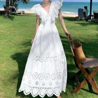 Vintage hueco bordado volante cintura alta A-e vestido sin mangas Chic verano playa Vestidos mujeres vacaciones vestido veraniego - details 1