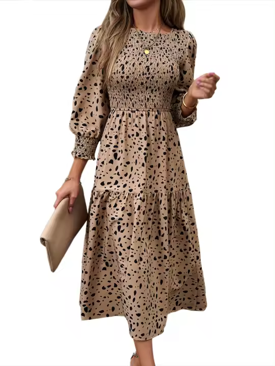 Primavera otoño nuevos vestidos de cuello redondo para mujer vestido de manga larga estampado A-line liquidación - 1