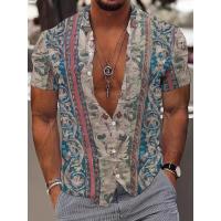 Camisa retro con estampado de ángulos para hombre, manga corta con botones, tejido transpirable, ligero. Perfecto para el verano, vacaciones al aire libre. - details 0