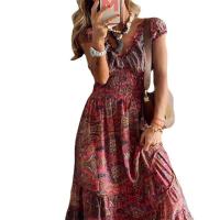 Vestidos con cuello en V para mujer, a la moda vestido estampado de manga corta, Verano - details 7