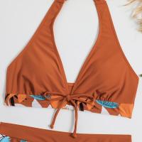 Bikini abierto con estampado de hojas retro en talla grande, conjunto de traje de baño de dos piezas con correas estables para mujer - details 63