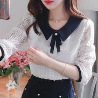 Elegante Blusa de Encaje para Mujer Cuello Peter Pan Color Sólido Manga Media - details 1