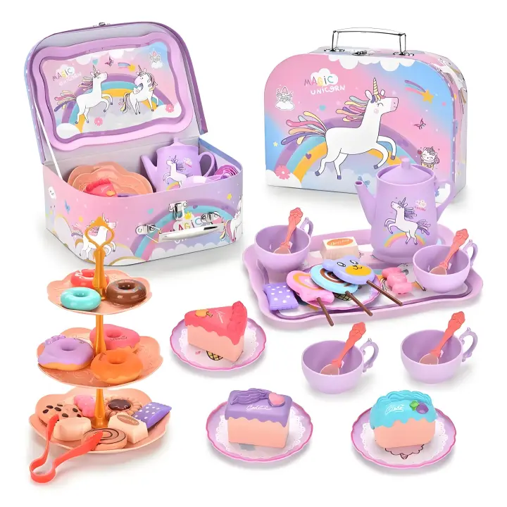Juego de Té de Tarde para Niñas, Divertida Casa de Juegos Unicornio, Pastel, Café, Juegos de Regalo, Casa de Juegos de Té Juego de Juegos de Cocina para Niños Juego de Té de 44 Piezas, Accesorios de Cocina, Juegos de Comida, Fiesta de Té - 1
