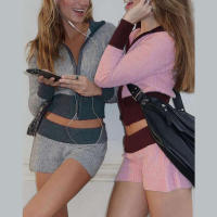 BUNO-Conjunto de 2 piezas para mujer con diseño de Patchwork Nibber, Chaqueta de punto de otoño, nueva tendencia, Chaqueta de punto corto con cremallera, pantalón corto grueso, ropa informal y sencilla - details 5