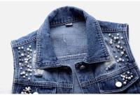 Chaleco Denim Vintage Chaleco Casual de Una Sola Pared para Mujeres Decoración de Cuentas Sueltas - details 6