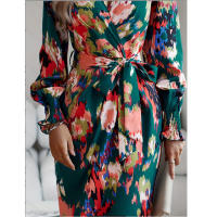 Women long sleeve multi color print tie v neck irregular midi slim party dress - details 1