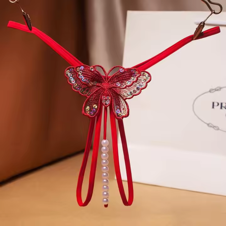 Bragas de perlas de mariposa bordadas con lentejuelas, lencería erótica, tangas sexuales, ropa interior de entrepierna abierta para mujer - 1