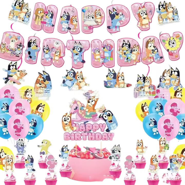 Set De Decoración Para Cumpleaños Bluey Serie Azul Y Rosa: Vajilla Desechable Bandera De Fiestas Globos Topper De Pastel - 1