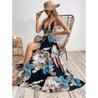Vestido de noche bohemio con estampado tropical, escote barco, espalda descubierta, cintura ajustada, midi para mujer. - details 8