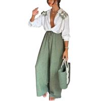Conjunto informal de 2 piezas con estampado para mujer, conjunto holgado con solapa de un solo pecho, pantalones con cordones de cintura alta y manga larga para otoño - details 0