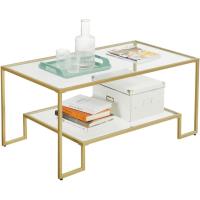 Centro de Vidrio, Mesa de Café con Almacenamiento, para Salón, Superficie de Vidrio Templado, Marco de Acero, 55 x 100 x 45 cm, Color Dorado LGT033A01 - details 8