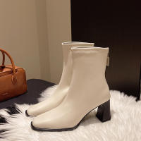 Nuevas botas de mujer invierno estilo europeo y americano cabeza cuadrada cremallera trasera botas cortas de mujer tacón grueso botas de tacón medio botas Martin de mujer 2025 - details 8