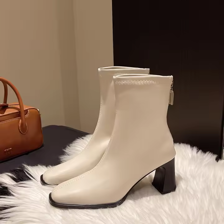 Nuevas botas de mujer invierno estilo europeo y americano cabeza cuadrada cremallera trasera botas cortas de mujer tacón grueso botas de tacón medio botas Martin de mujer 2025 - 1