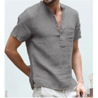 Camisetas informales de lino y algodón para hombre, camisas transpirables de manga corta con cuello en V y botones, S-5XL - details 3