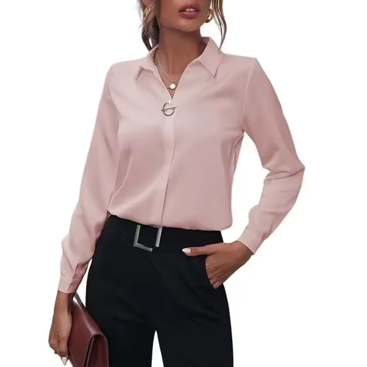 Blusa de Verano Elegante Cuello en V Blusa de Manga Larga de Color Sólido - 1