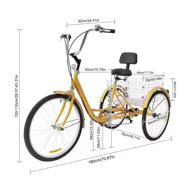 Bicicleta de 3 ruedas de 24 "y 6 velocidades para adulto, triciclo ajustable, Pedal de ciclismo con cesta de la compra - 1