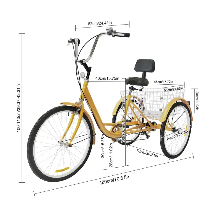Bicicleta de 3 ruedas de 24 "y 6 velocidades para adulto, triciclo ajustable, Pedal de ciclismo con cesta de la compra - 1