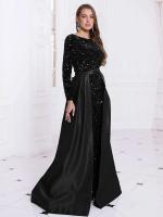 Vestido de Fiesta de Manga Larga y Brillante Cuello Redondo, Lentejuelas Elásticas, Alto hasta el Suelo Pañuelo de Moda para Mujeres con Negro y Verde Desmontable - details 7