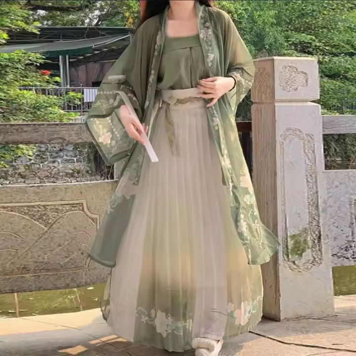 Camisa de manga grande para mujer, conjunto completo estampado elegante Hanfu, Falda plisada con cintura, fresco diario, primavera, verano y otoño - 1