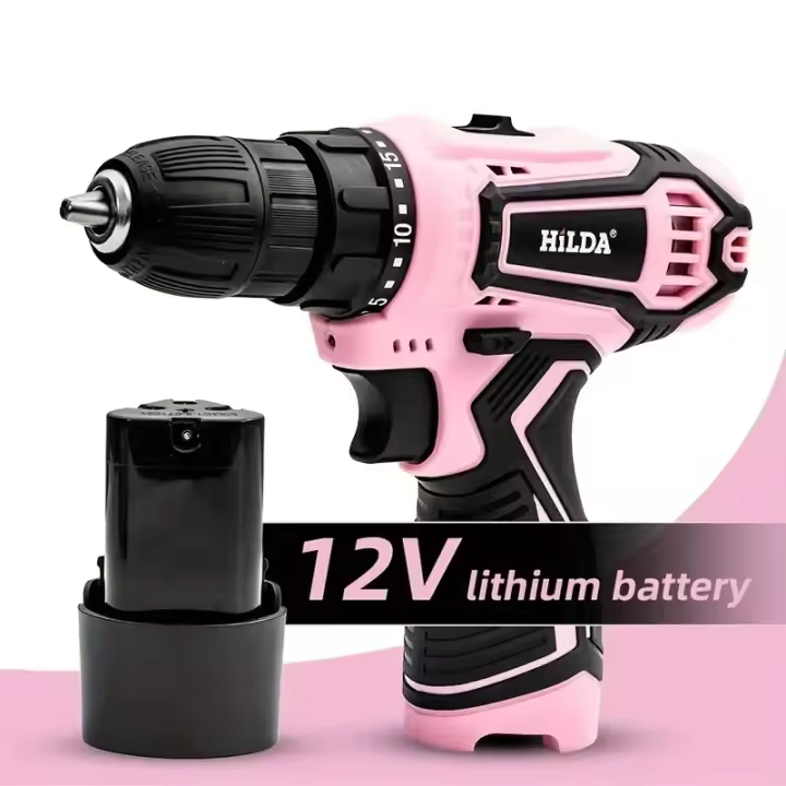 HILDA-destornillador eléctrico inalámbrico de litio, taladro de mano perforado, 12V, color rosa - 1