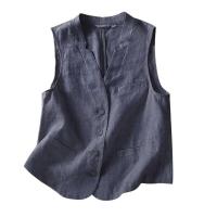 Chaleco de lino retro Chaqueta suelta informal con un solo botón con cuello en V Top de verano 2024 - details 1