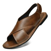 Sandalias de Estilo Vintage para hombre, zapatos informales de cuero genuino para exteriores, zapatos de playa con punta abierta, planos romanos para caminar - details 1