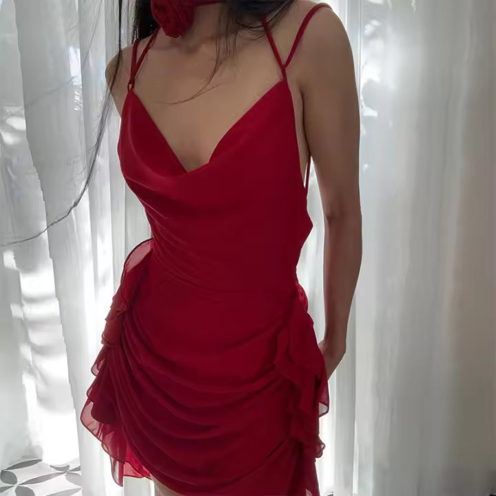 BUNO-Mini Vestido elegante con volantes y espalda descubierta para mujer, moda Y2K, sin mangas, con cuello Halter, vestidos sexys de corte bajo ajustado 2025 - 1