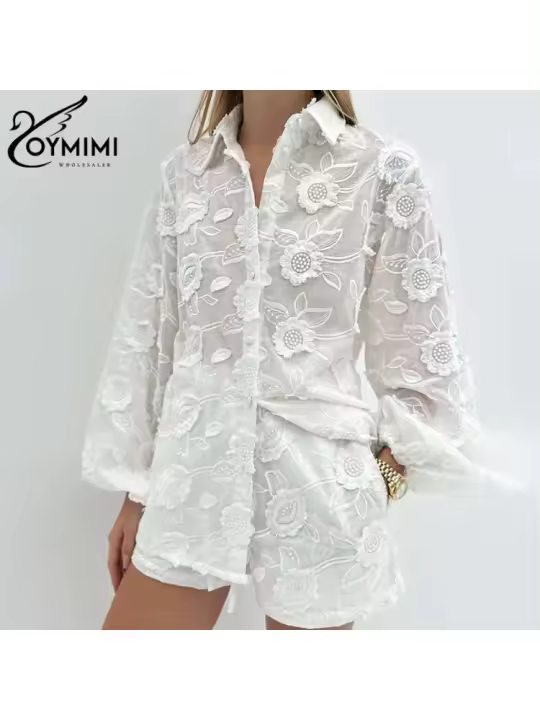 Conjunto de Algodón Blanco para Mujer de 2 Piezas Conjunto Informal de Jacquard con Botones y Manga en la Muñeca Camisas y Pantalones Cortos de Cintura Alta para el Verano - 1