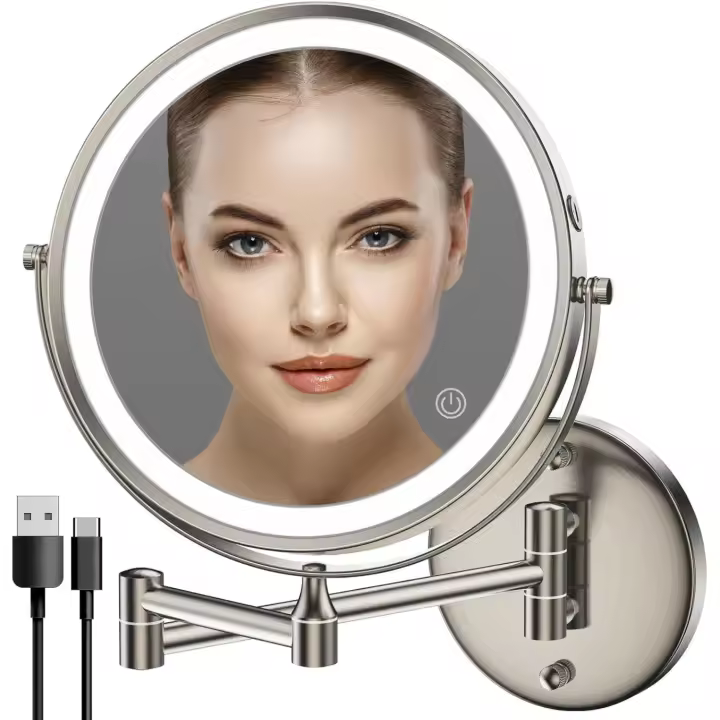 Rocollos Espejo de maquillaje iluminado recargable montado en la pared, 8 espejos de tocador LED de doble cara, aumento de 1X/10X, 3 luces de colores - 1