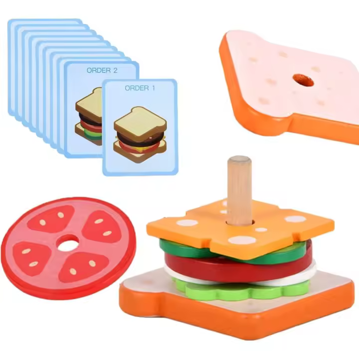 Juguetes Educativos de Comida para Bebés Excitat Brand Juguetes de Pila de Sándwich de Madera Montessori para Aprendizaje de Guardería - 1