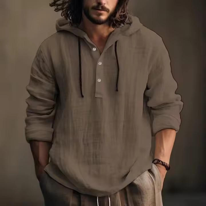 Sudadera con capucha de manga larga para hombres Top de verano ligero con botones y cordón, casual para la playaTCamisa - 1