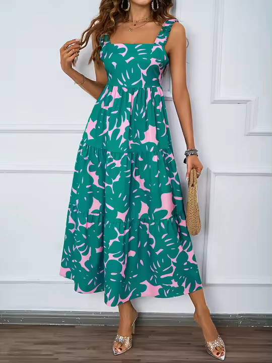 2025 Camisola de verano para mujer Vestido de falda acampanada con estampado floral informal para vacaciones - 1