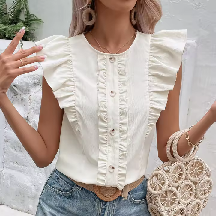 Camisa de verano sencilla, combinada con dobladillo con volantes dulce y femenino, camisa de manga corta - 1