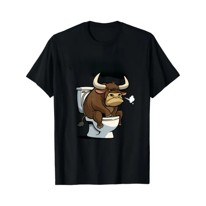 Camiseta de toro enojado sentado en el inodoro, 100% algodón, estampado en blanco y negro, regalo divertido para hombres, ropa de humor para el Día del Padre y cumpleaños, divertida camiseta informal de verano, lavable a máquina. - 1