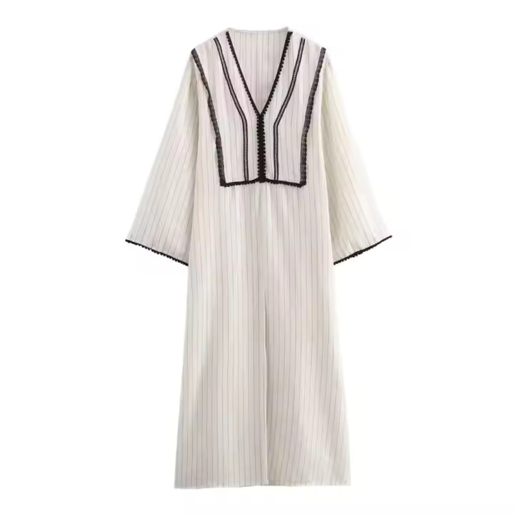 Nueva ropa de mujer color colisión casual suelta pequeña estilo bohemio campestre bata a rayas - 1